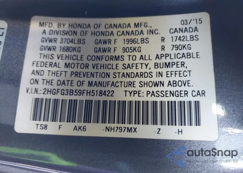 2015 Honda Civic Lx from USA, damaged, VIN 2HGFG3B59FH518422